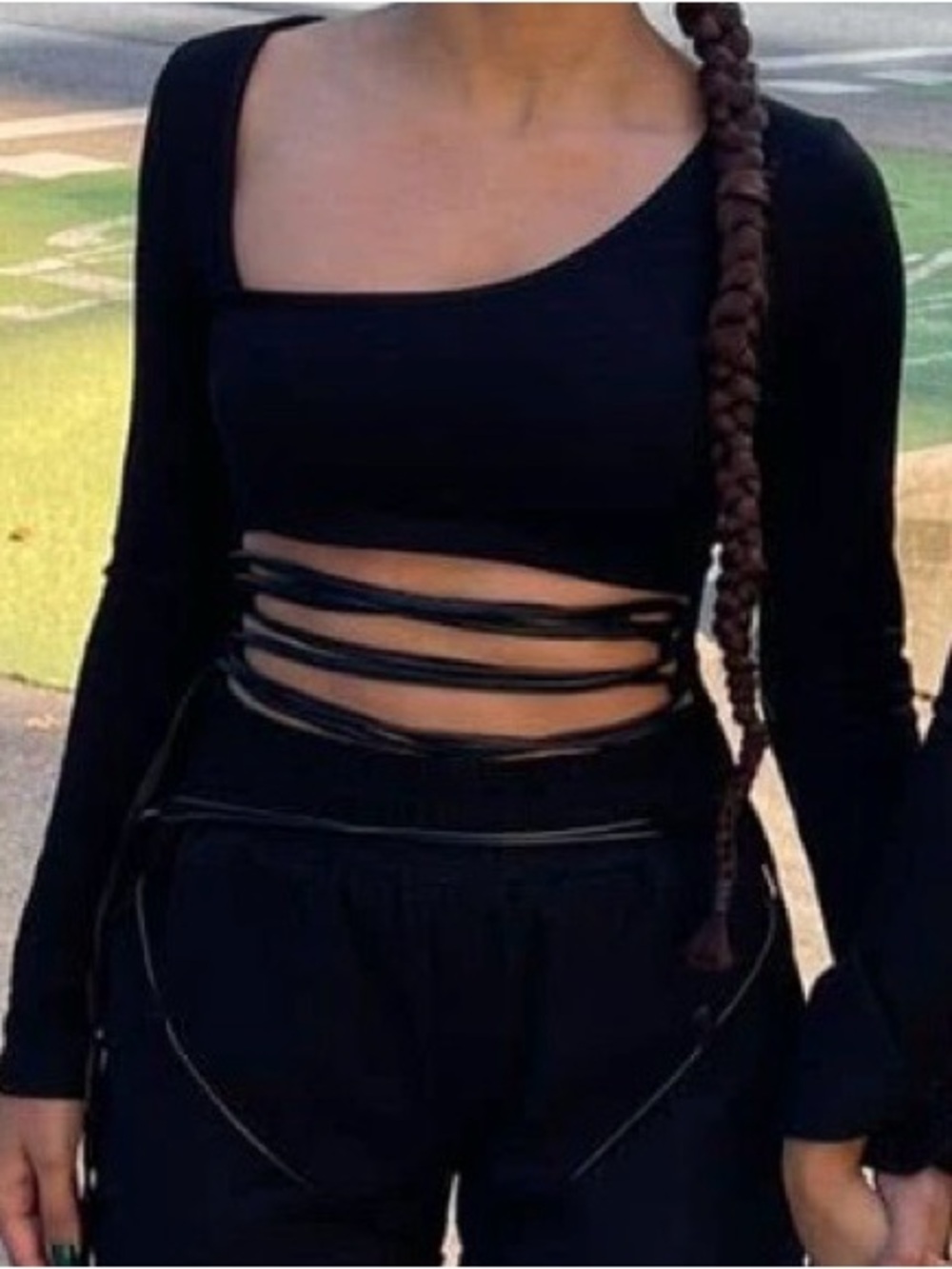 Maniere De Voir Black Asymmetric Lace-Up Long Sleeve Crop Top